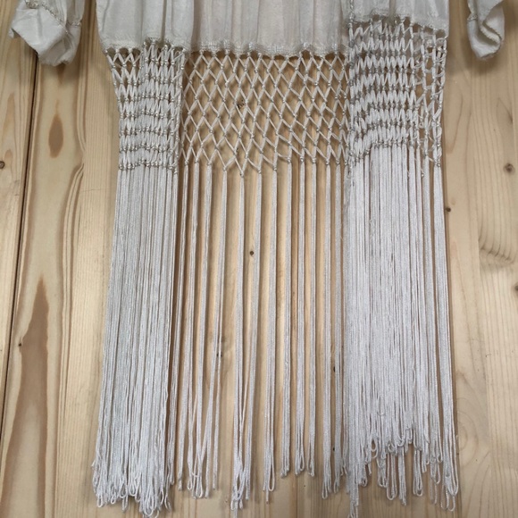 Off White Kimono w/ Fringe and Embroidered Flowers - Picture 6 of 12